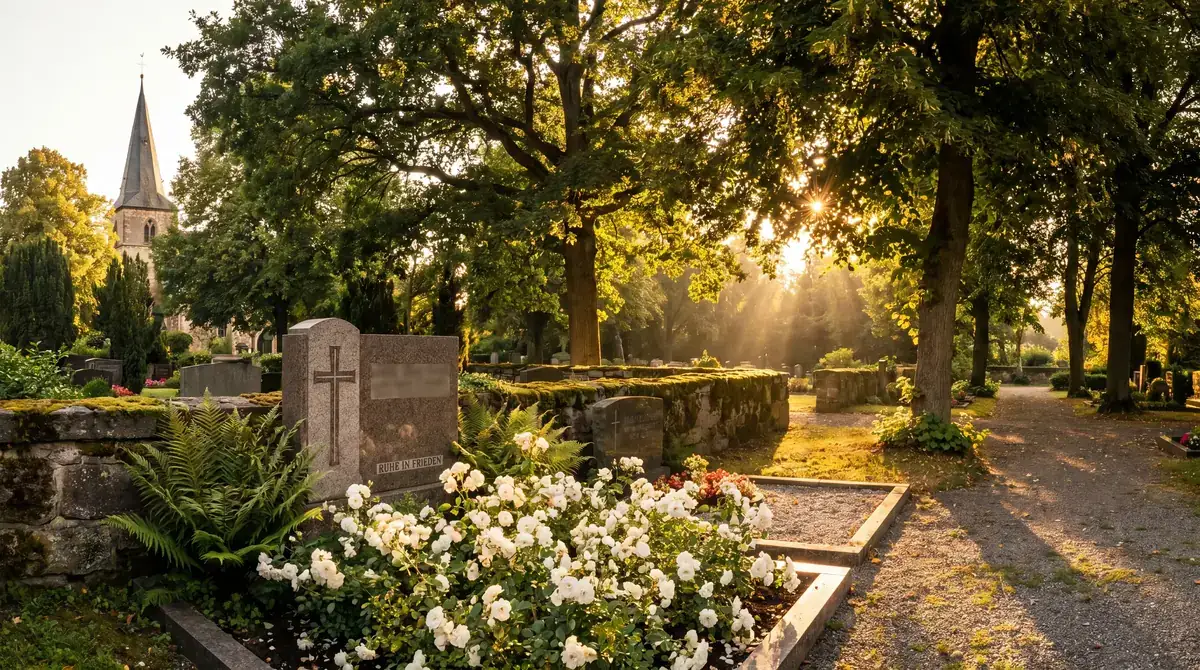 Friedhof mit Kirchturm, weißen Rosen und alten Bäumen im Abendlicht